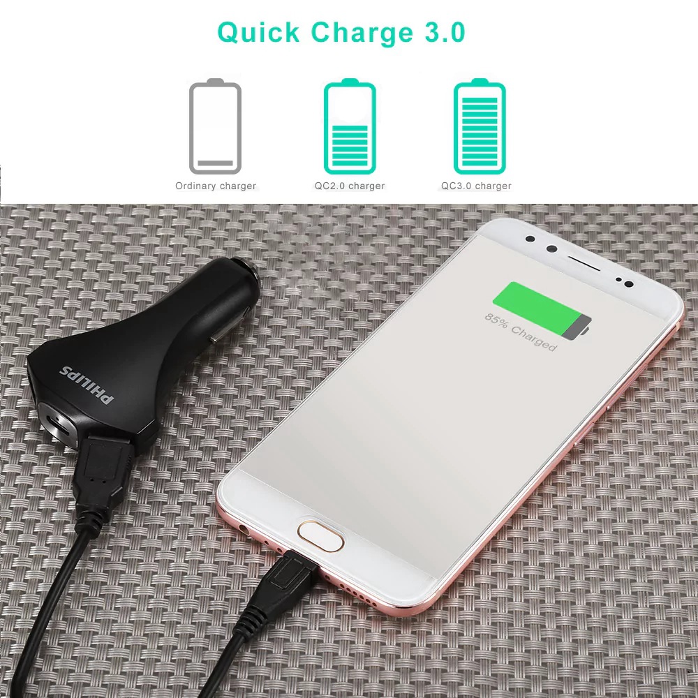 Philips DLP2012 Car Charger QC 3.0 Type-C Dual USB Ports LED Indicator - Black