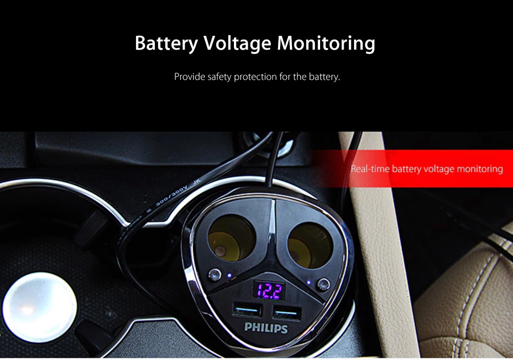 Philips DLP2029 Car Charger Multifunctional Cup Shape Cigarette Lighter 2 Sockets Double USB Ports LED Indicator - Black