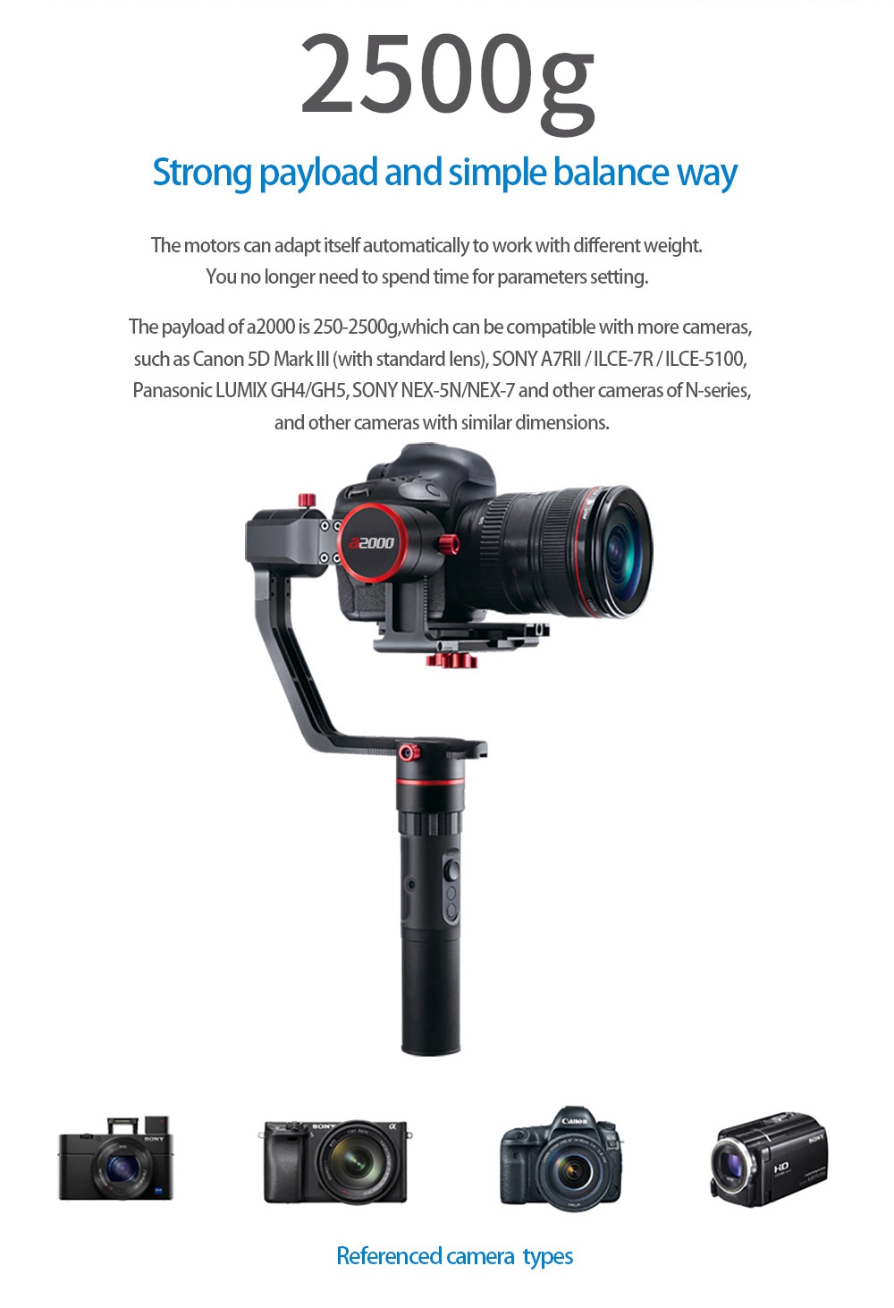 FeiyuTech A2000 3-Axis Brushless Handheld Gimbal for  Mirrorless DSLR Camera - Single Handheld