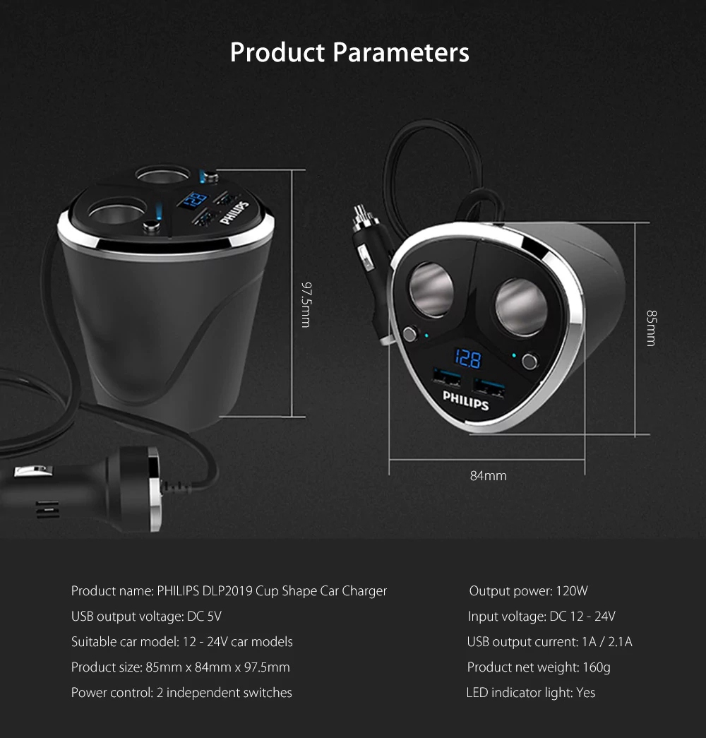 Philips DLP2029 Car Charger Multifunctional Cup Shape Cigarette Lighter 2 Sockets Double USB Ports LED Indicator - Black