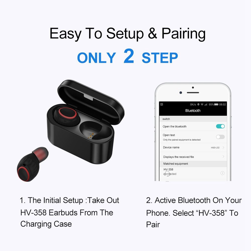 HV-358 TWS Bluetooth Mini Earphones Double Ear Stereo Earbuds with Mic Charging Box - Black