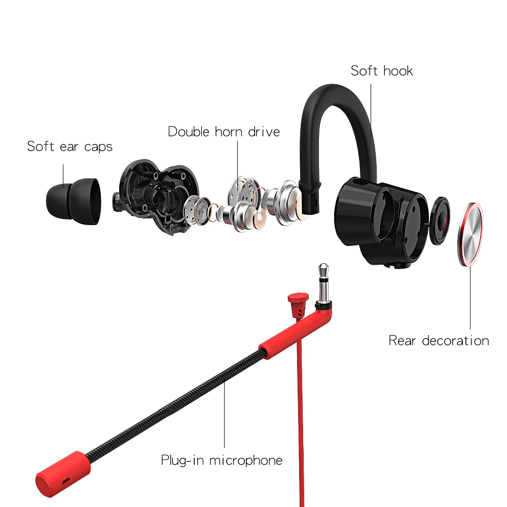 V6 In-ear Gaming Earphone for PC Phone PS4 Xbox One Mac Double Horn Drive with Microphone and Wire control - Black+red