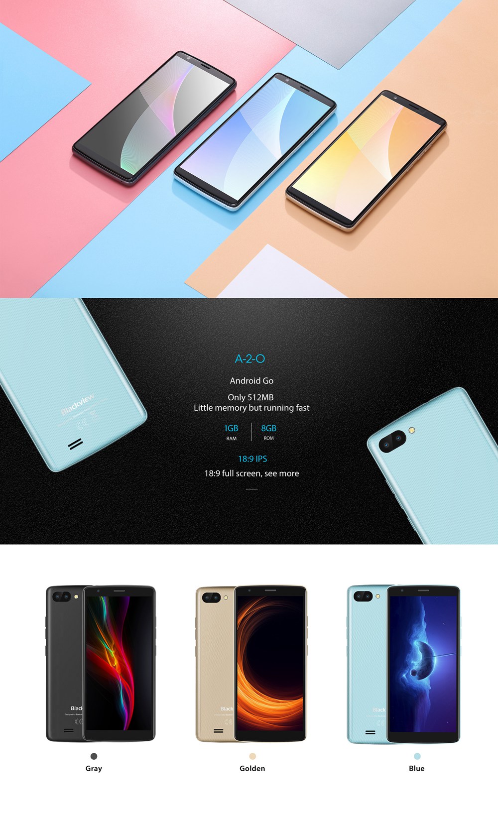 [HK Stock]Blackview A20 5.5 Inch Smartphone MTK6580M 1GB 8GB 5.0MP+0.3MP Dual Back Cameras Android Go OS 18:9 Screen - Blue