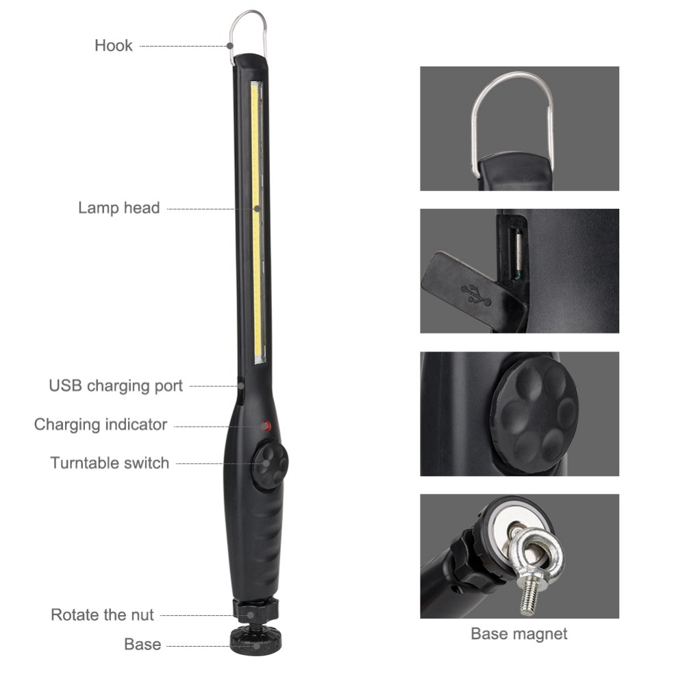 Rechargeable Work Light COB Portable Work Lights With Magnetic Base LED Flashlight Inspection Lamp For Car Repair - Black