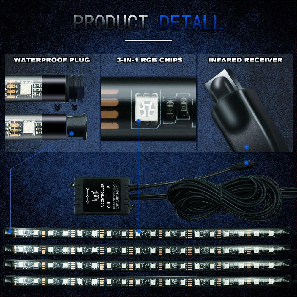 Car LED Strip Lights 60 LED Multi-color Music Car Interior Lights with Sound Active Function IR Remote - Black