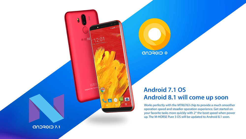 M-horse Pure 3 5.7 Inch 4G Smartphone MTK6763 Soc 4GB 64GB 13.0MP+5.0MP Dual Rear Cameras Android 7.1 18:9 HD+ Screen Touch ID - Black