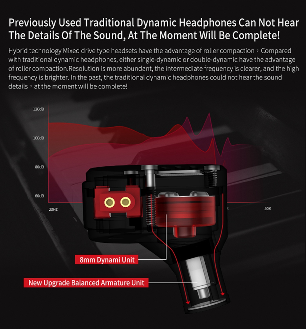 KZ ZSA Metal Earphone Armature and Dynamic Hybrid In-ear Sport HiFi Bass Noise Cancelling - Black and Red