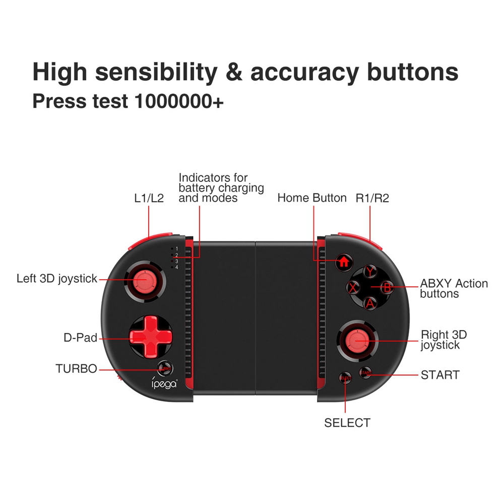 Ipega PG-9087 Bluetooth Game Controller with Telescopic Phone Stand for Android/IOS Smartphone/PC/TV Box - Black and Red