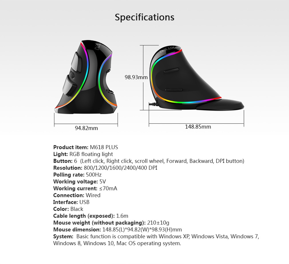 Delux M618 Plus RGB Version Optical Wired Ergonomic Mouse With 6 Buttons For PC Laptop Desktop 4000 DPI - Black