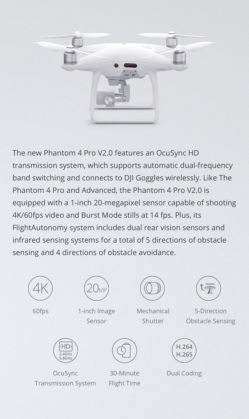 DJI Phantom 4 Pro V2.0 4K Camera 1-inch 20MP Exmor R CMOS Sensor OcuSync VTX System FPV RC Quadcopter  RTF