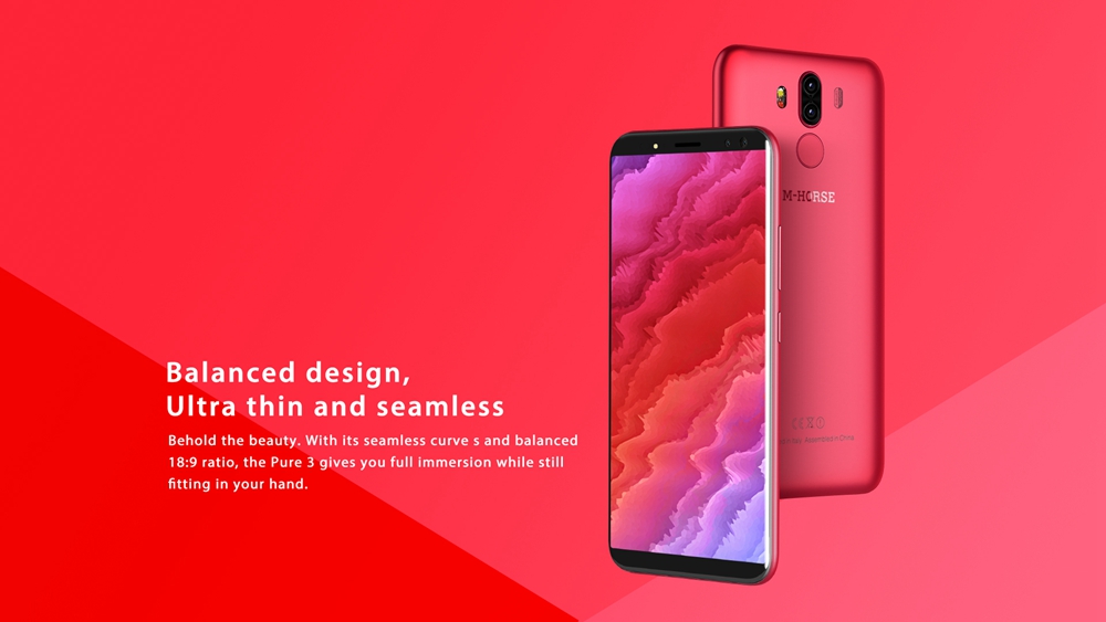 M-horse Pure 3 5.7 Inch 4G Smartphone MTK6763 Soc 4GB 64GB 13.0MP+5.0MP Dual Rear Cameras Android 7.1 18:9 HD+ Screen Touch ID - Black