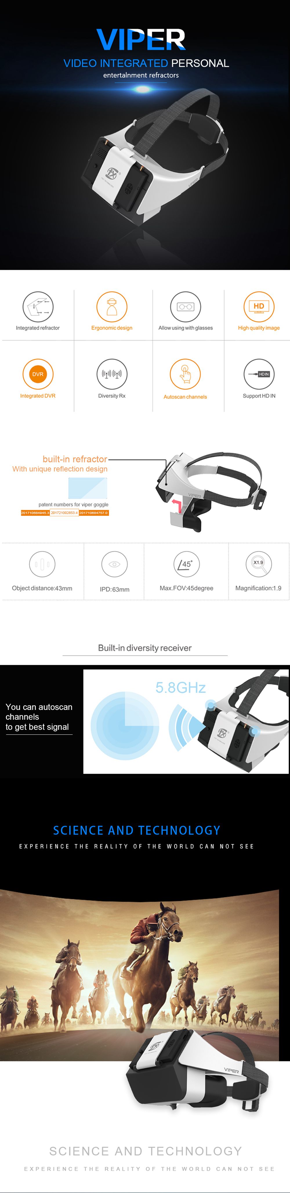 FXT VIPER 5.8GHz HD Diversity FPV Goggle Built-in Refractor with DVR for FPV Racing Drone
