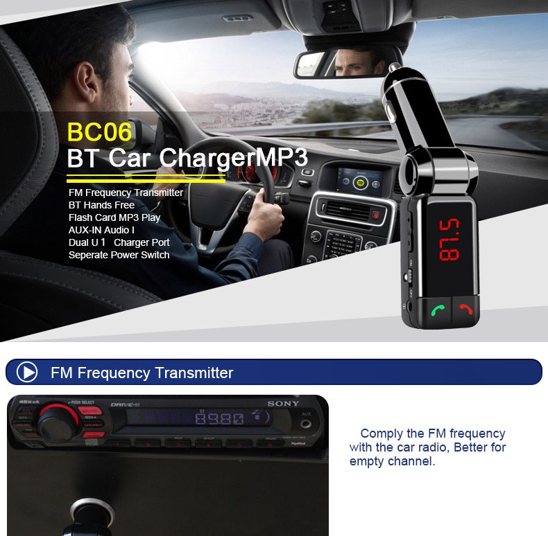 Earldom BC06 Dual USB Car Charger Bluetooth Handsfree Call