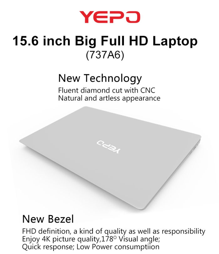 YEPO 737A6 Laptop Intel Apollo Lake N3450 Quad Core 15.6 inch IPS Screen 1920*1080 Windows 10 6GB DDR3 500GB HDD - Silver