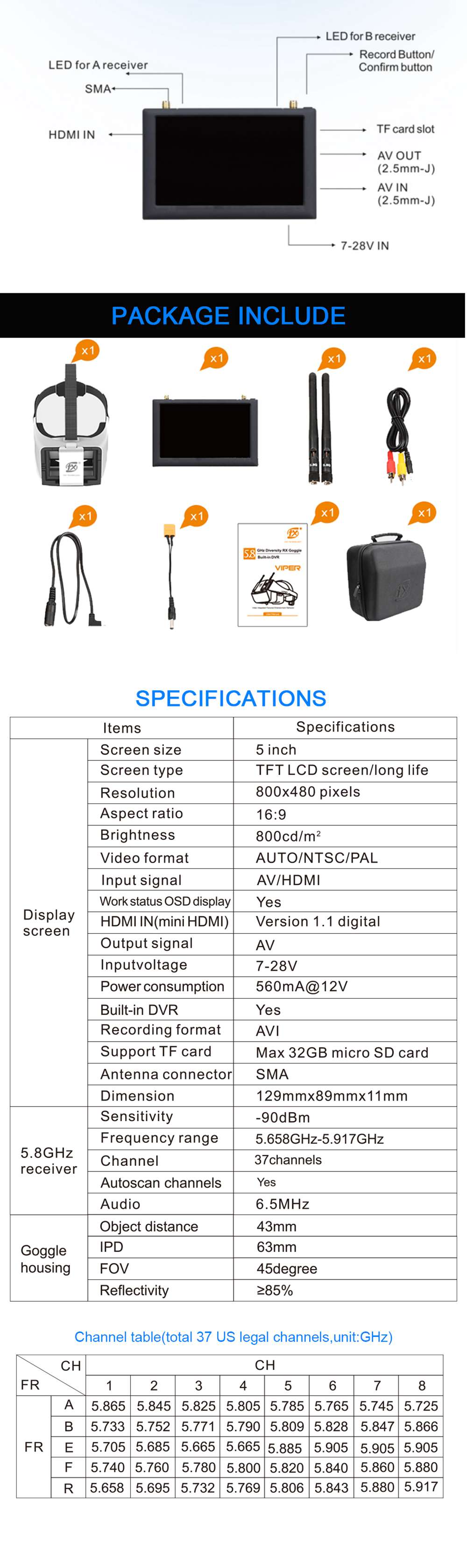 FXT VIPER 5.8GHz HD Diversity FPV Goggle Built-in Refractor with DVR for FPV Racing Drone