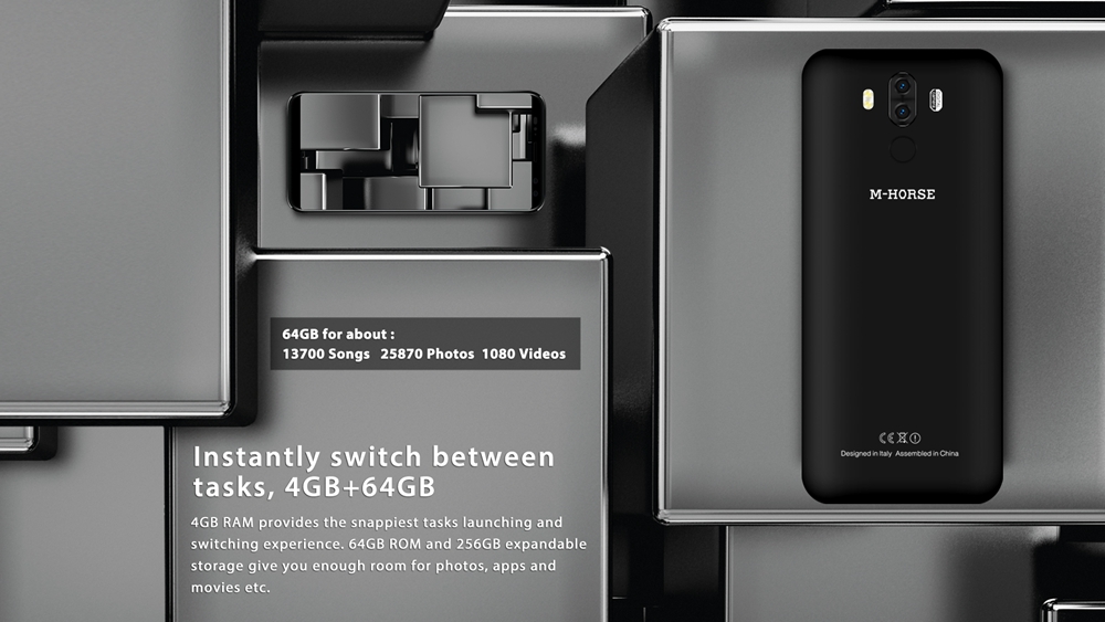 M-horse Pure 3 5.7 Inch 4G Smartphone MTK6763 Soc 4GB 64GB 13.0MP+5.0MP Dual Rear Cameras Android 7.1 18:9 HD+ Screen Touch ID - Black