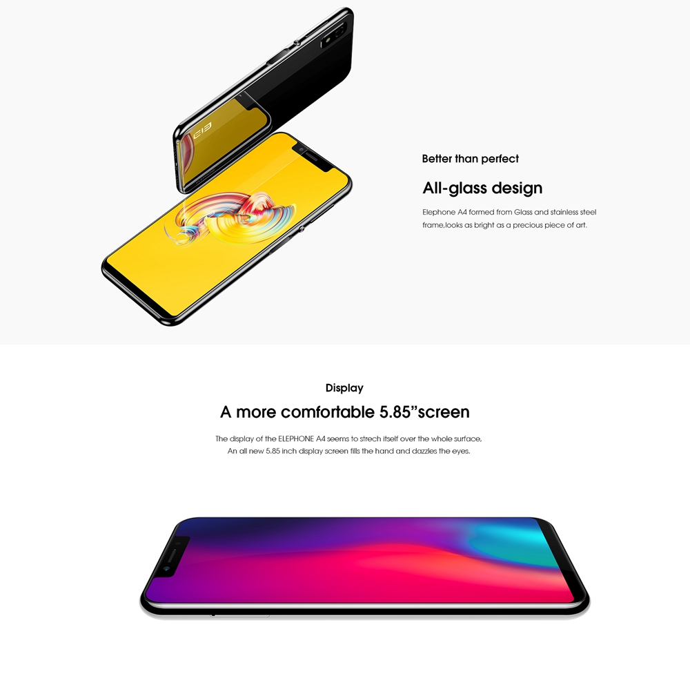 [HK Stock]Elephone A4 5.85 Inch 4G Smartphone MTK6739 Soc 3GB 16GB 8.0MP Rear Camera Android 8.1 3000mAh 19:9 Full Screen Touch ID - Black