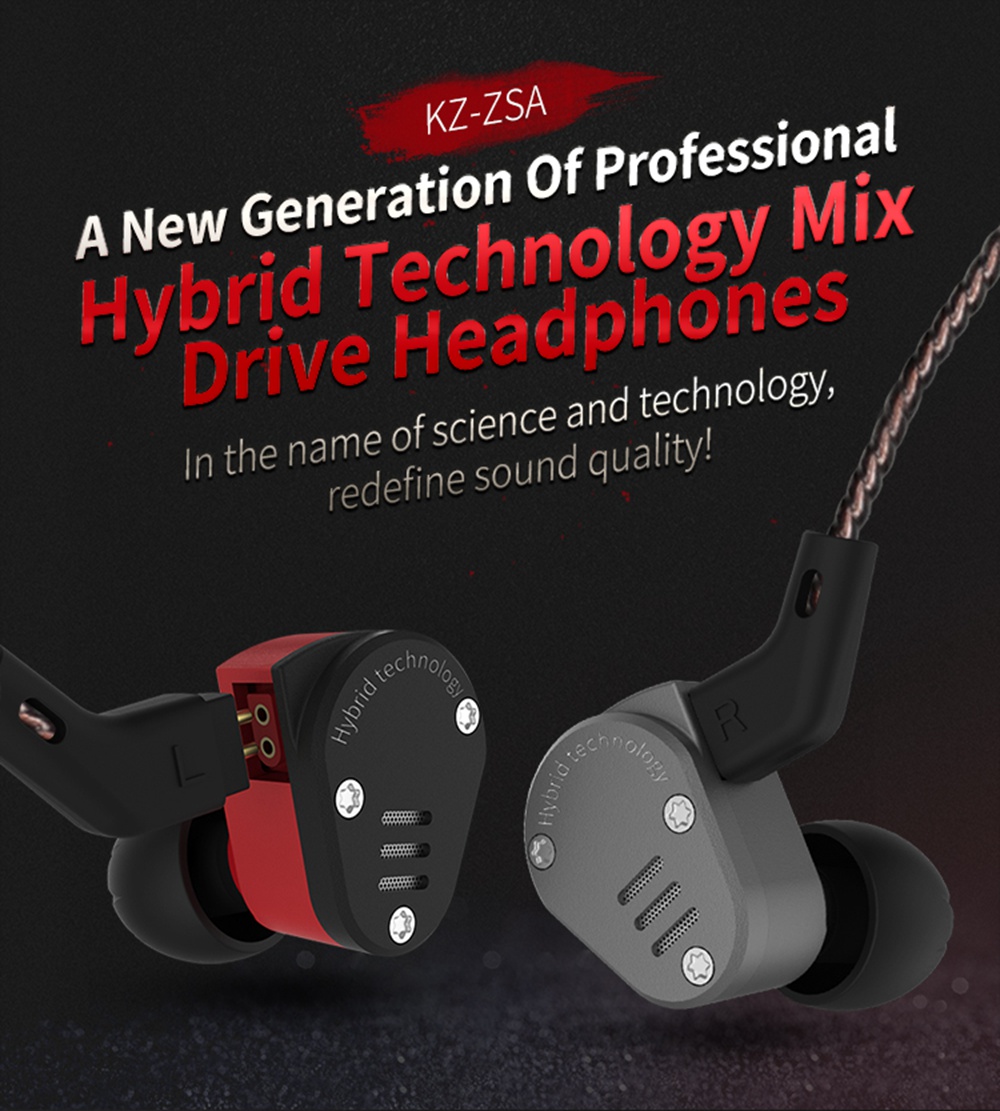 KZ ZSA Metal Earphone Armature and Dynamic Hybrid In-ear Sport HiFi Bass Noise Cancelling - Black and Red