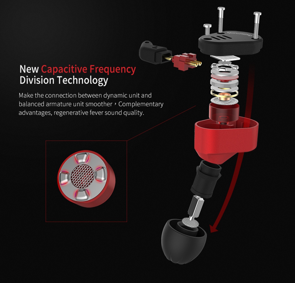 KZ ZSA Metal Earphone Armature and Dynamic Hybrid In-ear Sport HiFi Bass Noise Cancelling - Black and Red