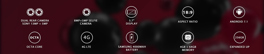 M-horse Pure 3 5.7 Inch 4G Smartphone MTK6763 Soc 4GB 64GB 13.0MP+5.0MP Dual Rear Cameras Android 7.1 18:9 HD+ Screen Touch ID - Red
