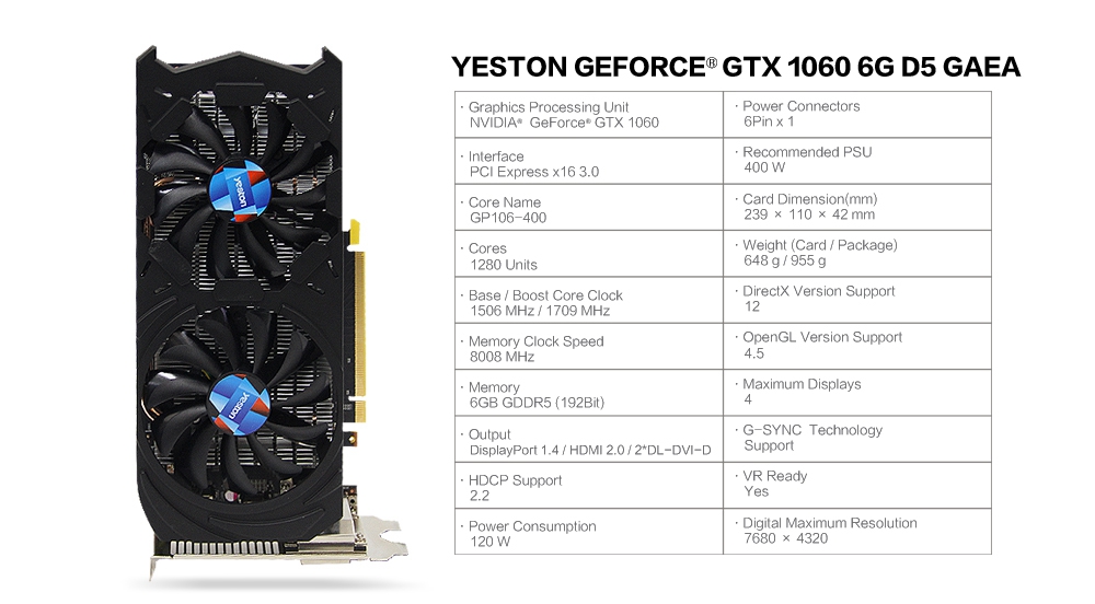Yeston GTX1060-6G D5 Gaming Graphics Double Fan Custom Metal Backplane GAEA Series Graphics Card - Black