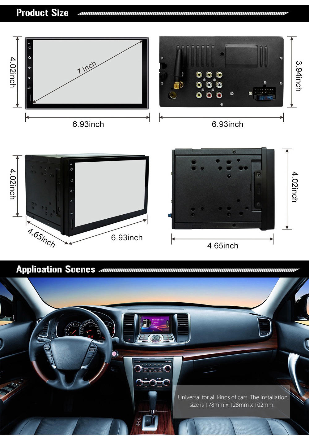 RM-CT0009L 7.0 Inch Car Player Car Radio GPS Bluetooth WiFi Connection Android 8.0 - Black