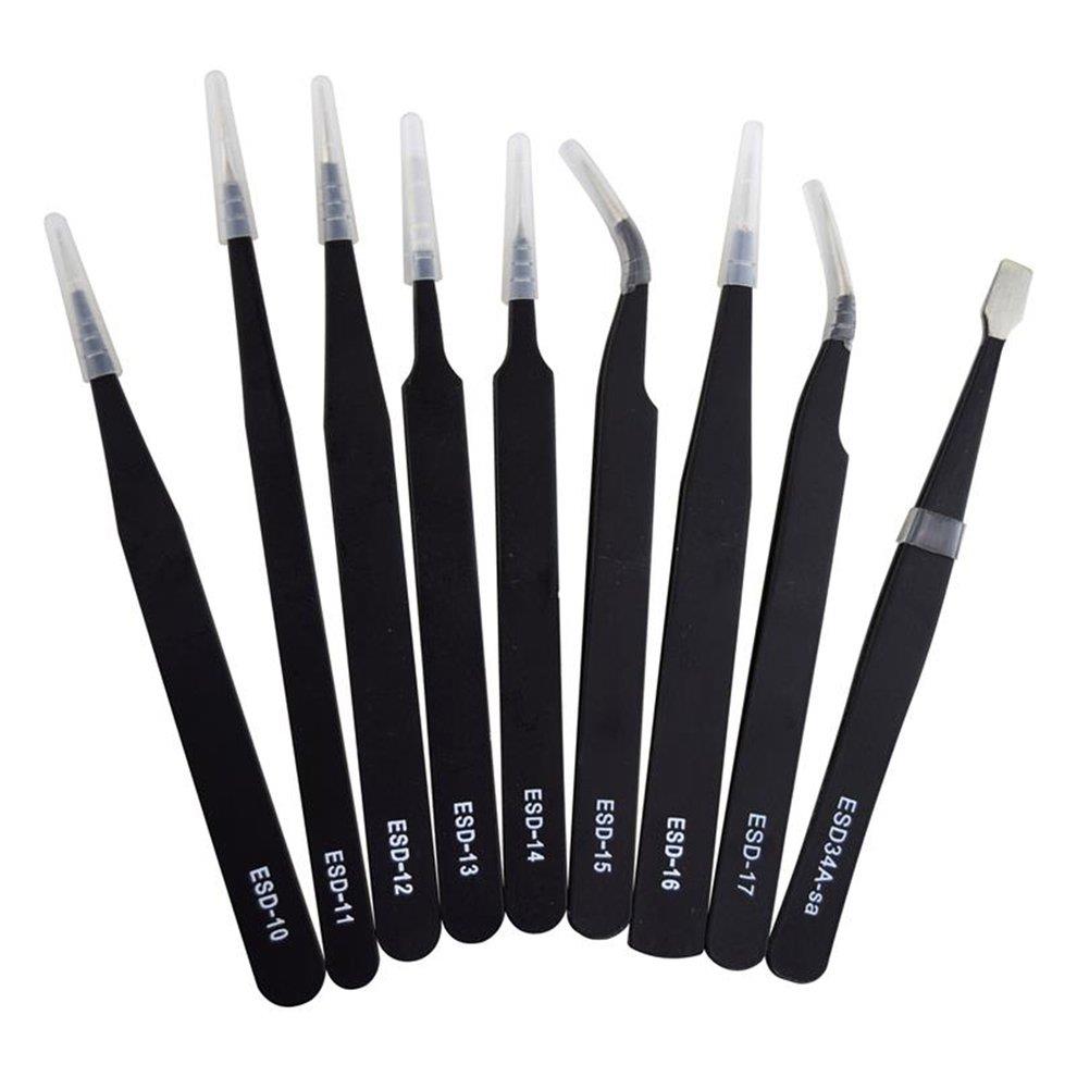 9PCS ESD Stainless Steel Tweezers Kit Precision Repairing