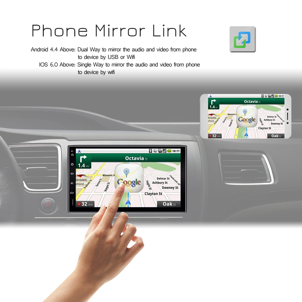 RM-CT0009L 7.0 Inch Car Player Car Radio GPS Bluetooth WiFi Connection Android 8.0 - Black