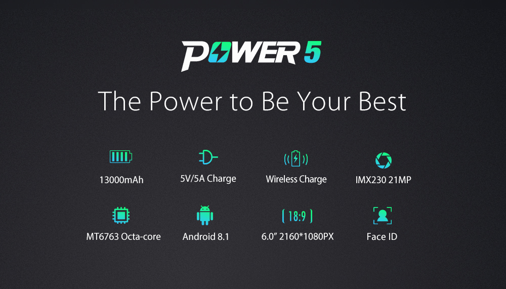 [HK Stock]Ulefone Power 5 6.0 Inch 4G Smartphone MTK6763 Soc 6GB 64GB 21.0MP+5.0MP Dual Rear Cameras Android 8.1 Wireless Charge Face ID 13000mAh - Black