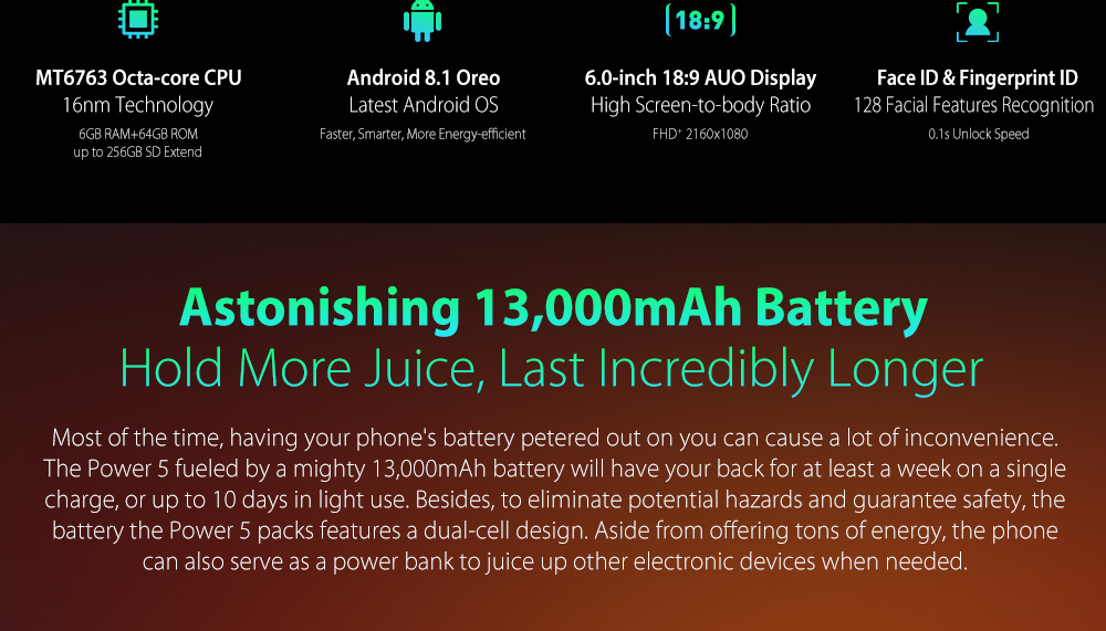 [HK Stock]Ulefone Power 5 6.0 Inch 4G Smartphone MTK6763 Soc 6GB 64GB 21.0MP+5.0MP Dual Rear Cameras Android 8.1 Wireless Charge Face ID 13000mAh - Black