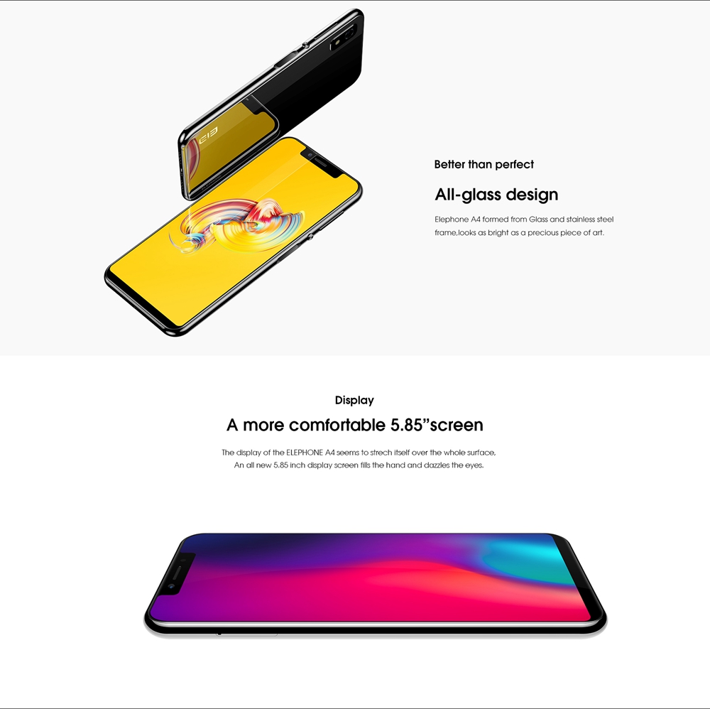 [HK Stock]Elephone A4 5.85 Inch 4G Smartphone MTK6739 Soc 3GB 16GB 8.0MP Rear Camera Android 8.1 3000mAh 19:9 Full Screen Touch ID - Gold