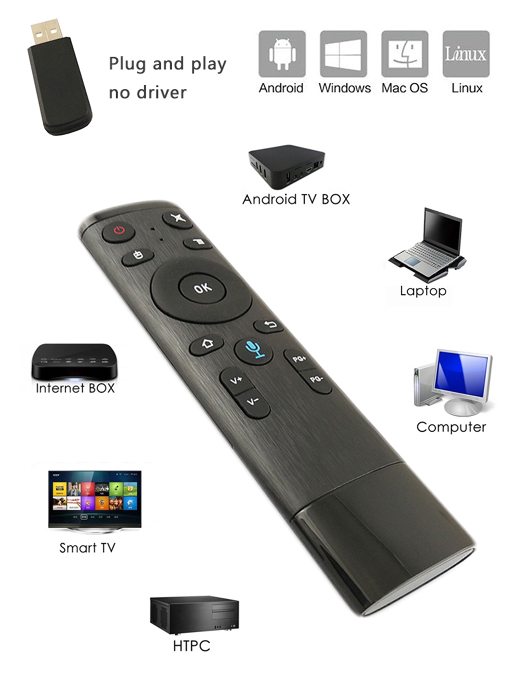 Q5-A 2.4G Wireless Voice Air Mouse Remote Control for Smart TV Laptop HTPC PC Universal - Black