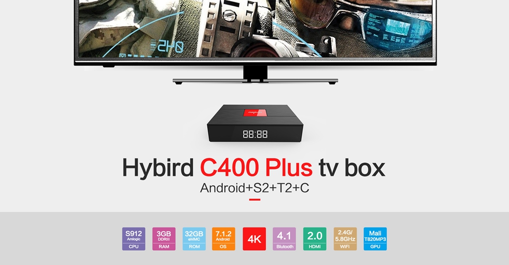 Magicsee C400 Plus DVB T2 S2 Receptor de satélite Android 7.1 Smart TV Box S912 Octa Core 3 Ram 32 ROM Mini PC Dual Band 2.4G/5g WiFi 4K Bluetooth