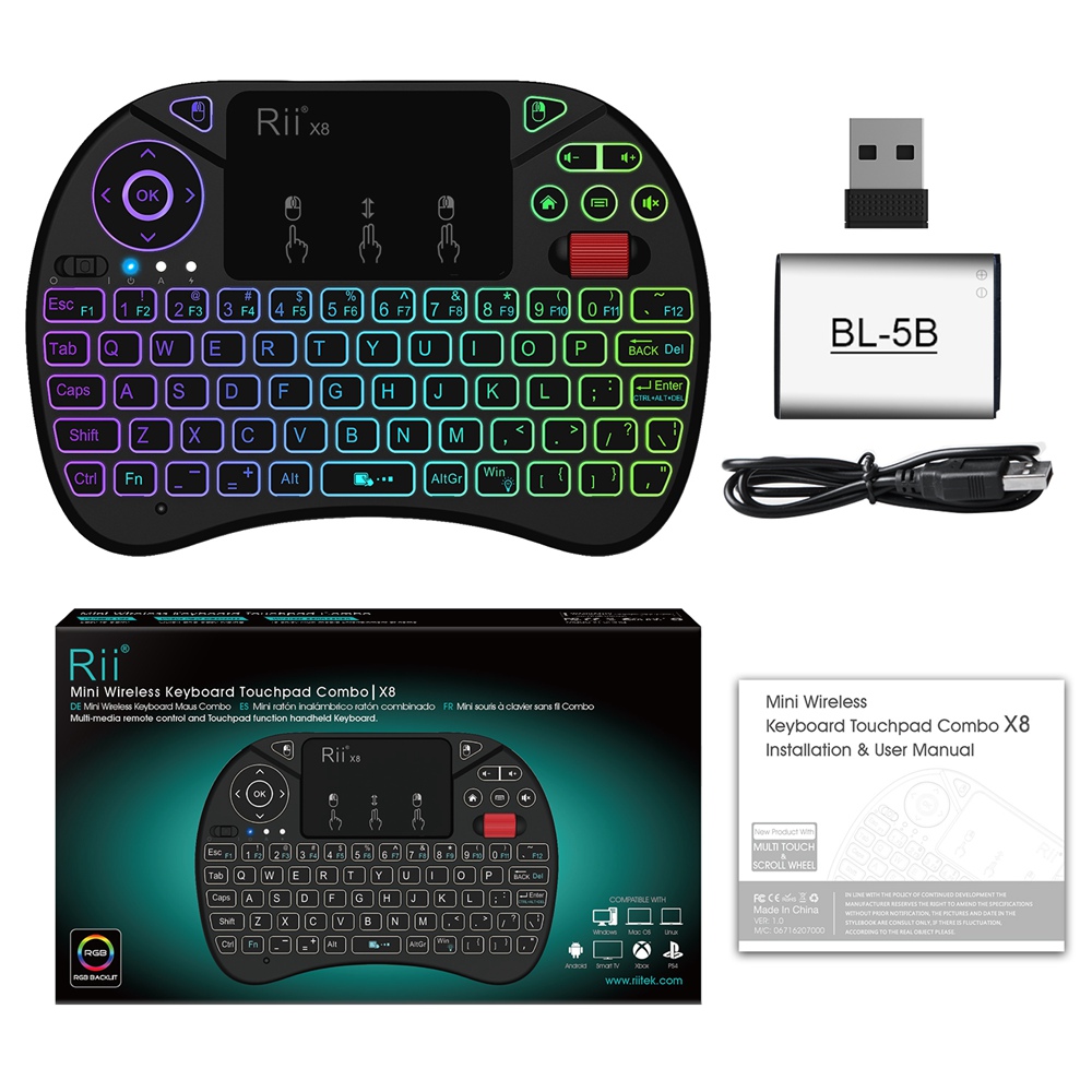 Rii X8 RGB Backlight 2.4G Mini Wireless QWERTY Keyboard Touchpad Combo with Multi Touch & Scroll Wheel