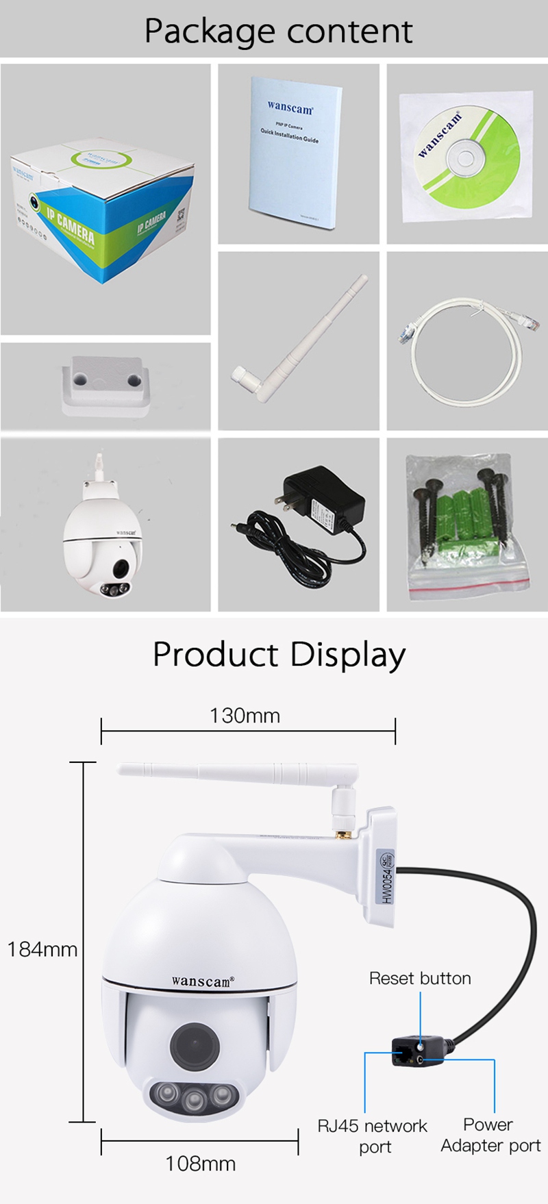 Wanscam HW0054 1080P WiFi IP Camera H.264 PTZ P2P ONVIF Night Vision IR-cut CCTV Focus 5X Zoom SD Card -White