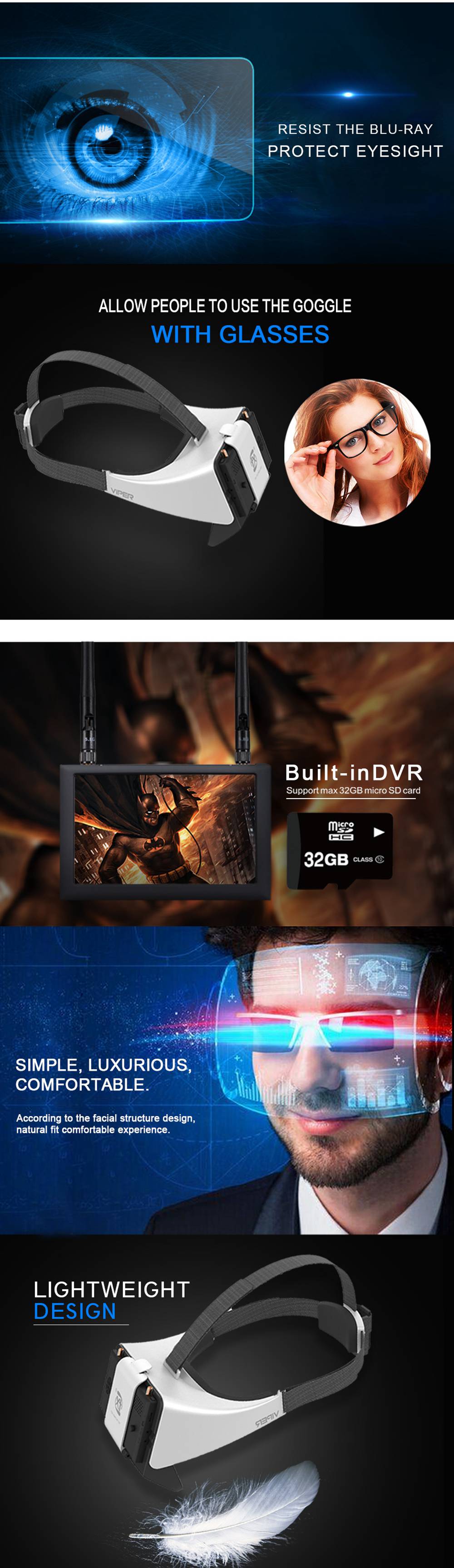 FXT VIPER 5.8GHz HD Diversity FPV Goggle Built-in Refractor with DVR for FPV Racing Drone