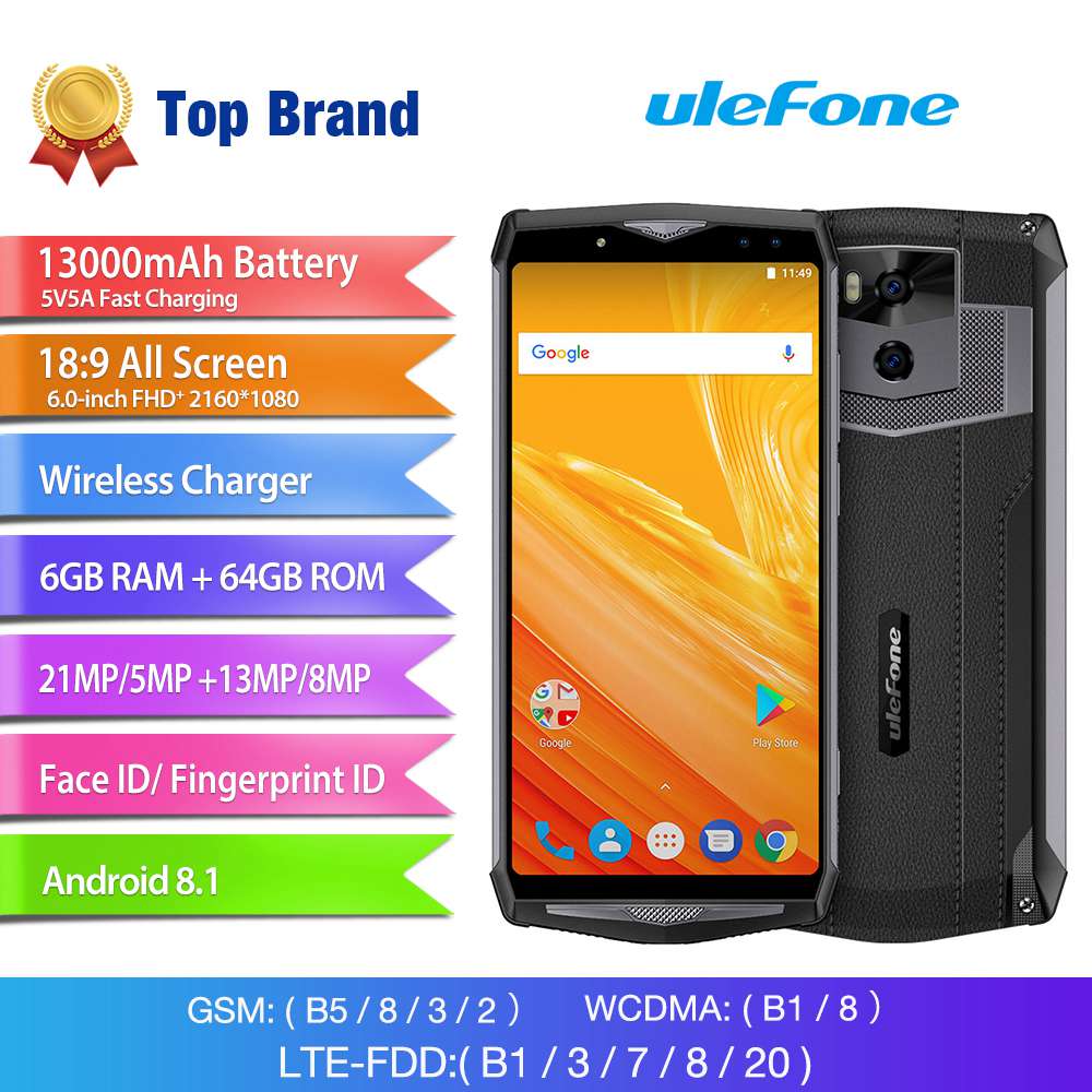 [HK Stock]Ulefone Power 5 6.0 Inch 4G Smartphone MTK6763 Soc 6GB 64GB 21.0MP+5.0MP Dual Rear Cameras Android 8.1 Wireless Charge Face ID 13000mAh - Black