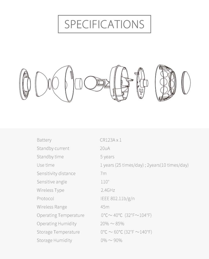 Geekbes NAS-PD02W PIR Motion Sensor Wifi Magnet Bracket 7cm Detection Distance Replaceable Battery APP Control - White