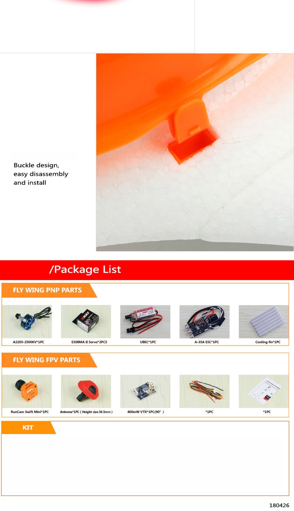 Kingkong/LDARC FPV WING 800X RC Airplane 768mm Wingspan EPO PNP Version - Orange