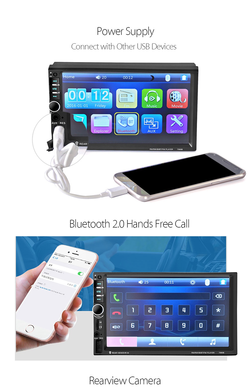 7060 7 Inch Digital TFT Touch Screen Car Multimedia Player Audio Stereo MP5 Player 1080P Video Format FM function - Black