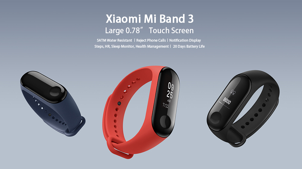 Original Xiaomi Mi Band 3 Smart Bracelet 0.78" OLED Touch Screen 5ATM Water Resistant Sports Fitness Tracker Reject Phone Calls Notification Display Bluetooth 4.2 - Black