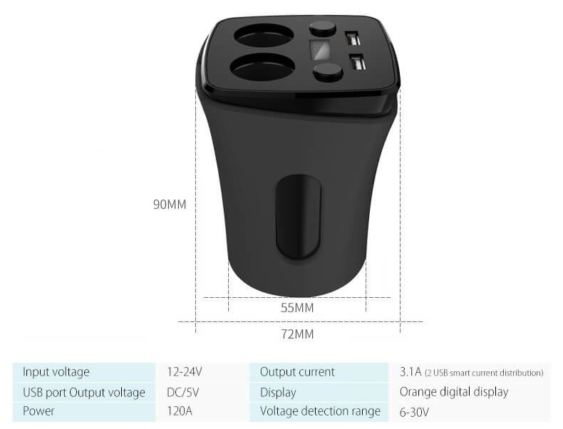 POFAN S03 Cup Car Charger with Voltage Warning Independent Switch Dual USB Interfaces Double Cigar Lighter Ports - Black