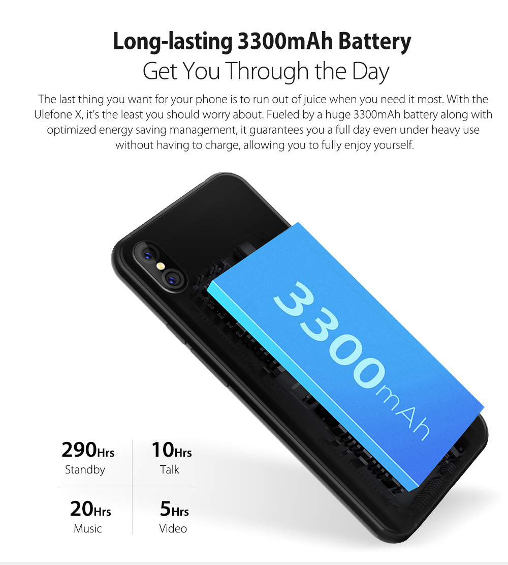 [HK Stock]Ulefone X 5.85 Inch 4G LTE Smartphone MTK6763 4GB 64GB 13.0MP+5.0MP Dual Rear Cameras Android 8.1 Face Unlock HD+ Screen - Black