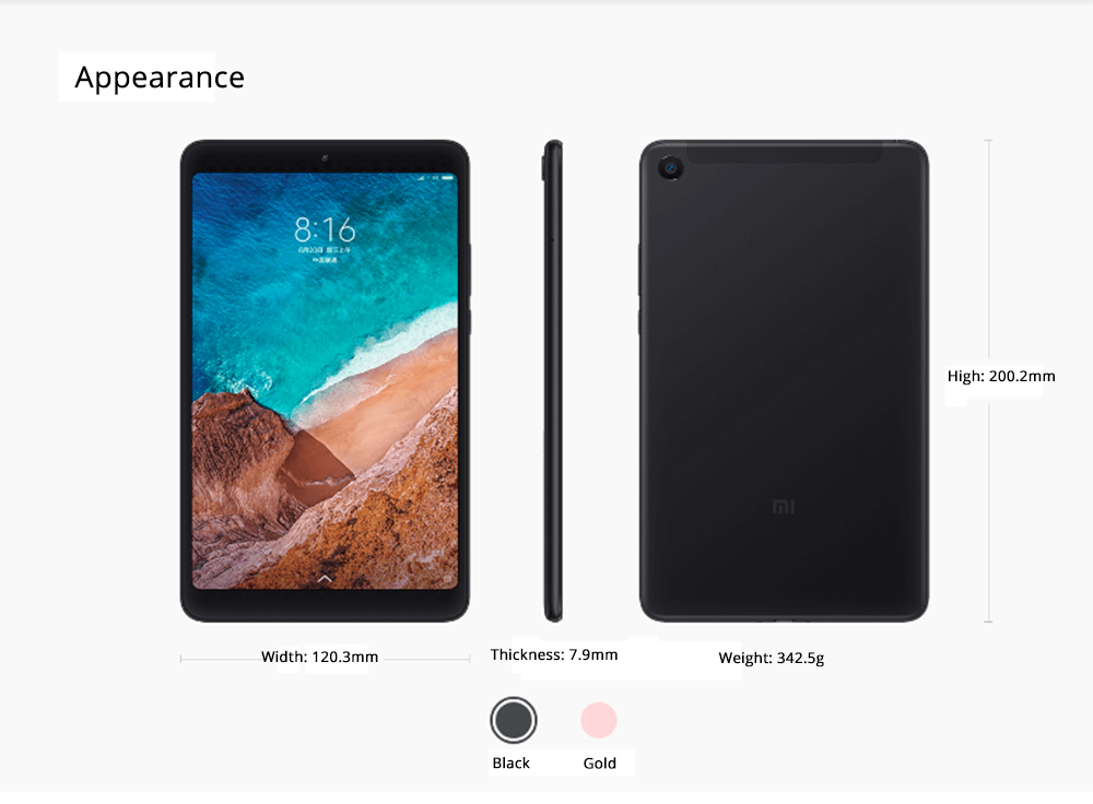 Xiaomi Mi Pad 4 WiFi 8.0 Inch 1920*1200 16:10 FHD Screen Qualcomm Snapdragon 660 4GB + 64GB 13MP Rear Camera 6000mAh MIUI 9 - Gold