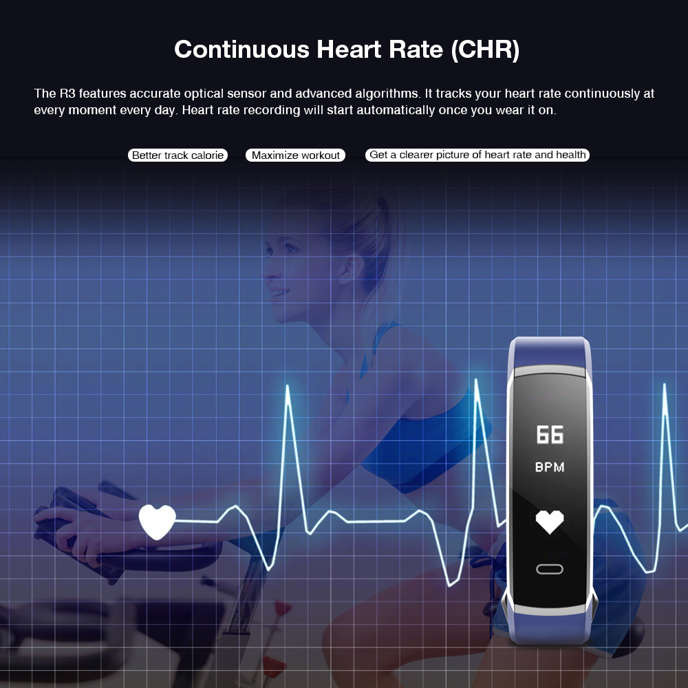 Makibes R3 Smart Bracelet Continuous Heart Rate Monitor Touchscreen IP67 Water Resistant Bluetooth Compatible With IOS Android - Black