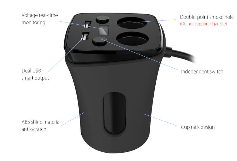POFAN S03 Cup Car Charger with Voltage Warning Independent Switch Dual USB Interfaces Double Cigar Lighter Ports - Black