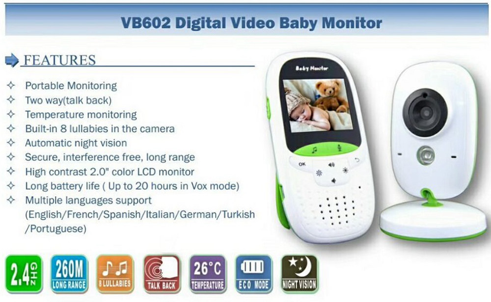 VB602 2.0 Inch Wireless Baby Monitor IR Night Vision Temperature Monitor Lullabies Intercom VOX Mode Security Camera