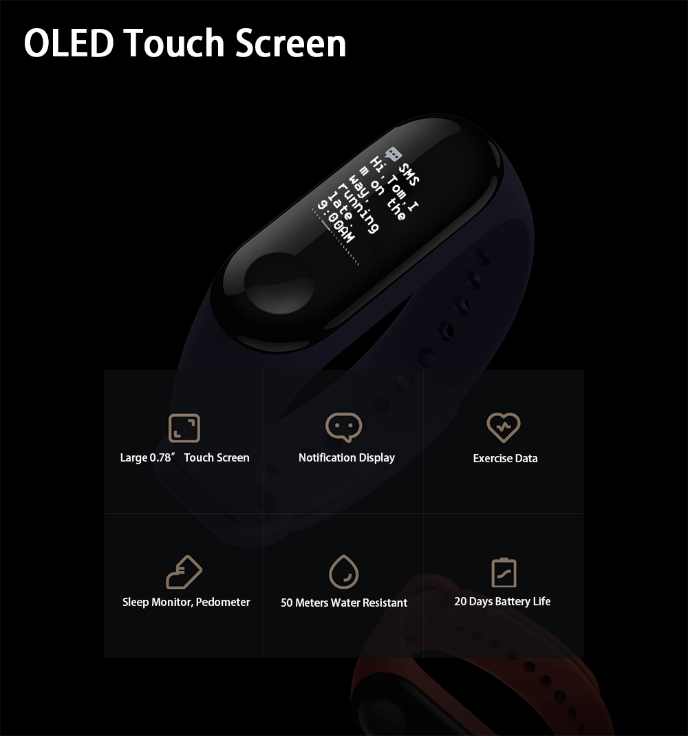 Original Xiaomi Mi Band 3 Smart Bracelet 0.78" OLED Touch Screen 5ATM Water Resistant Sports Fitness Tracker Reject Phone Calls Notification Display Bluetooth 4.2 - Black