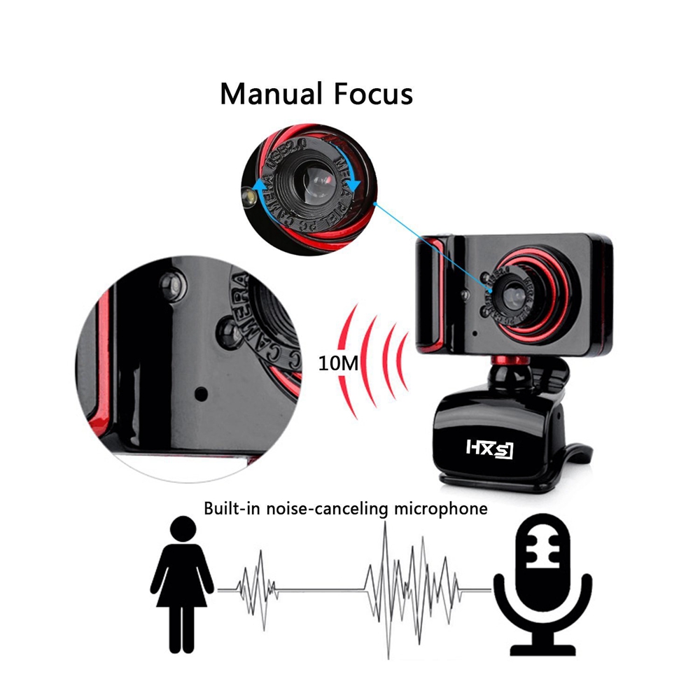 HXSJ S10 480P USB Webcam With Built-in Microphone Rotatable 16M Pixels 3 LED Lights For PC / Laptop - Black + Red