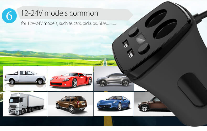 POFAN S03 Cup Car Charger with Voltage Warning Independent Switch Dual USB Interfaces Double Cigar Lighter Ports - Black